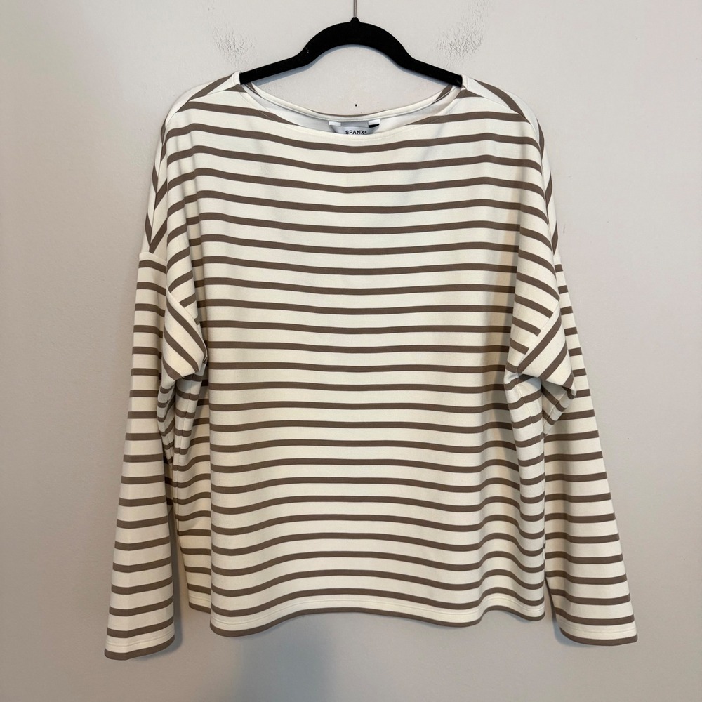 Spanx Aire Striped Boat Neck Long Sleeve Top 1X tan white coastal minimalist